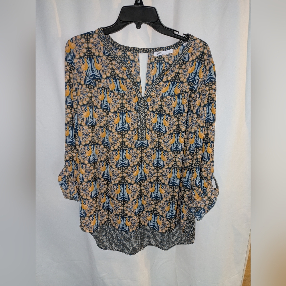 DR2 Tan and Blue Graphic Tunic with Mandarin Collar